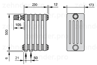 Схема (чертеж) Радиатор Zehnder Charleston 5050/5 №V001 Белый глянцевый RAL 9016